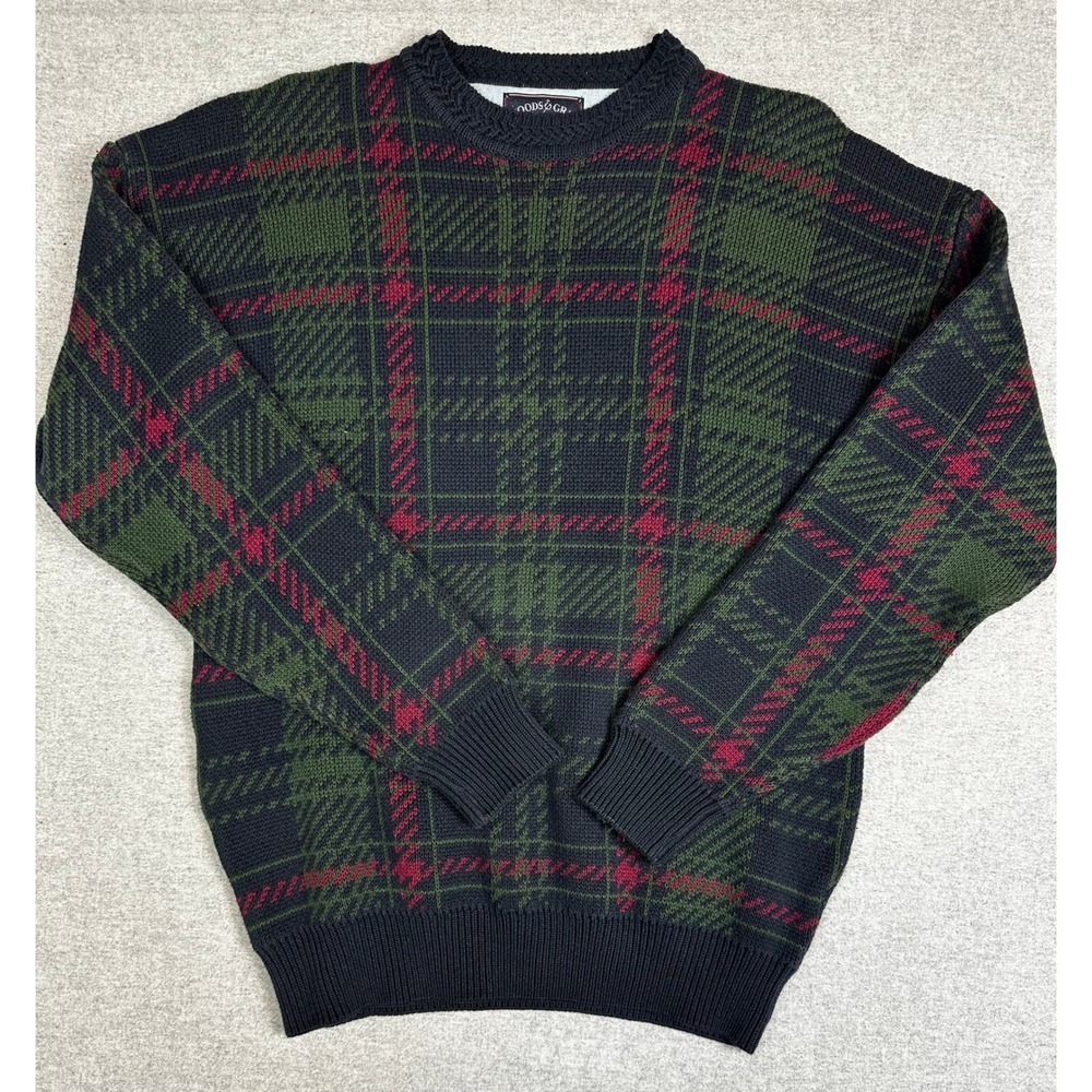 VTG Plaid‎ Sweater Woods Gray Mens L Cotton Crewneck Green Navy Red Academia